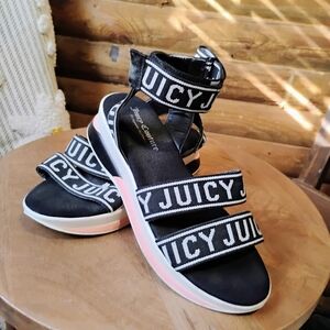 Juicy Couture Impulse Wedge Sandals Ankle Logo 8 Black White Pink